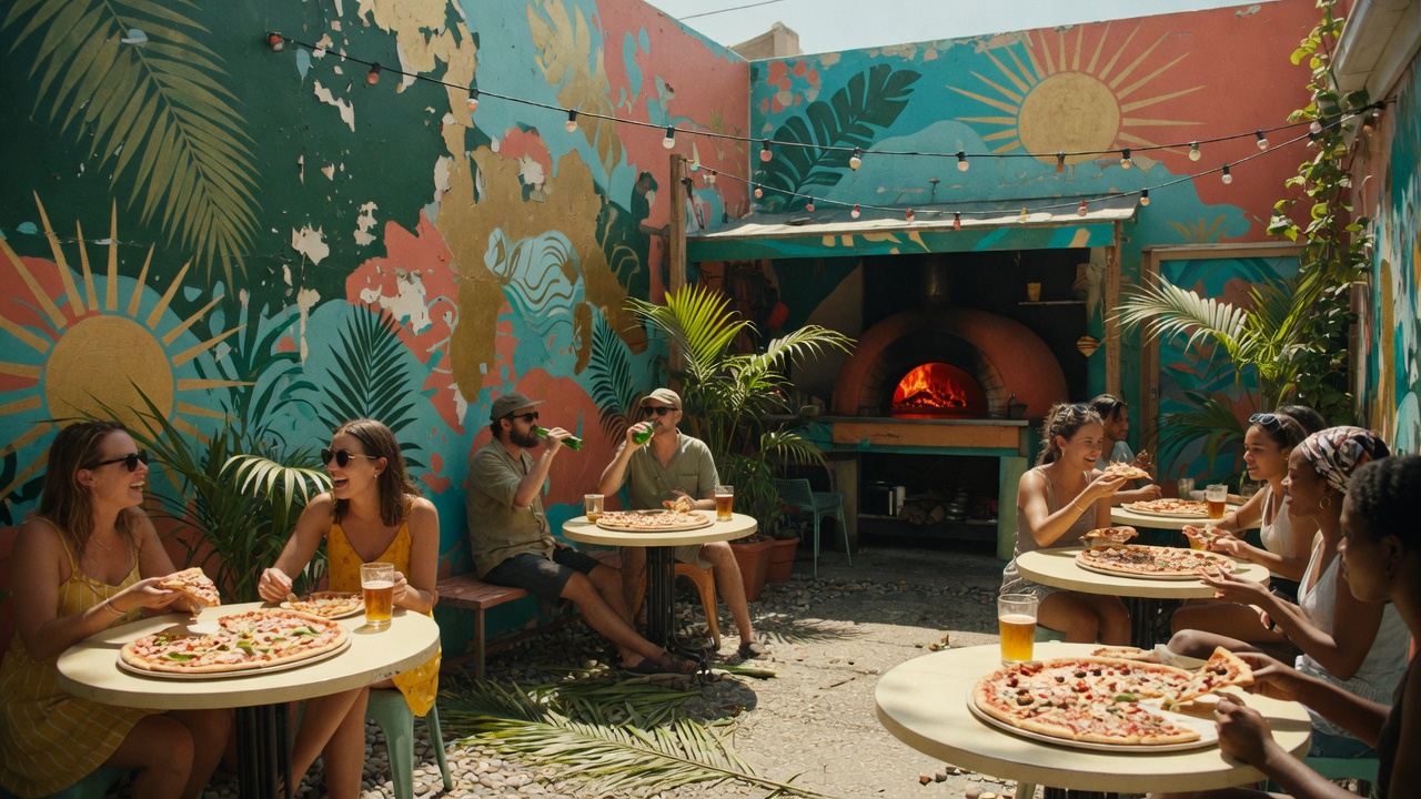Daytime mural courtyard and wood-fired pizza oven