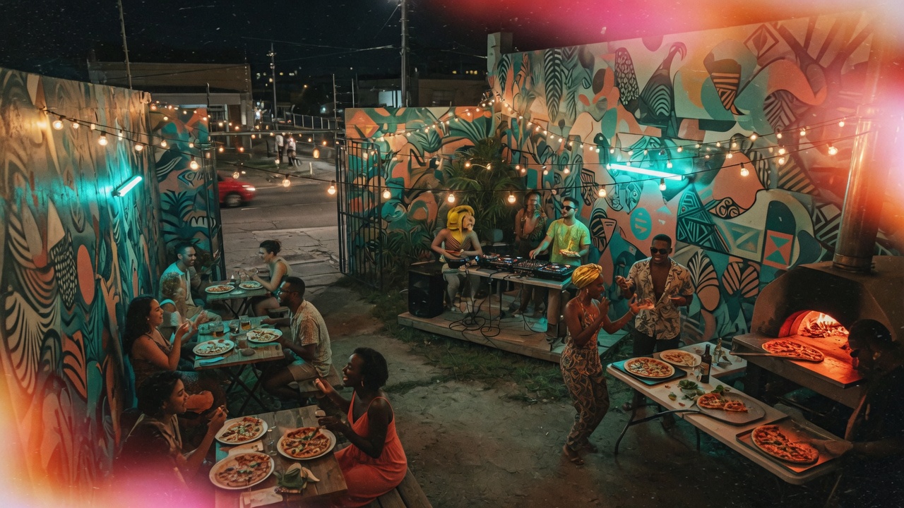 Night in the garden with DJs, string lights and pizza